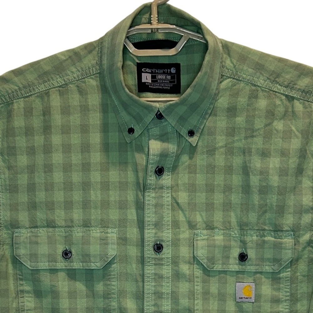 Carhartt Short Sleeve Shirt Large Men's Green Gingham Loose Fit TW4625-M Utility